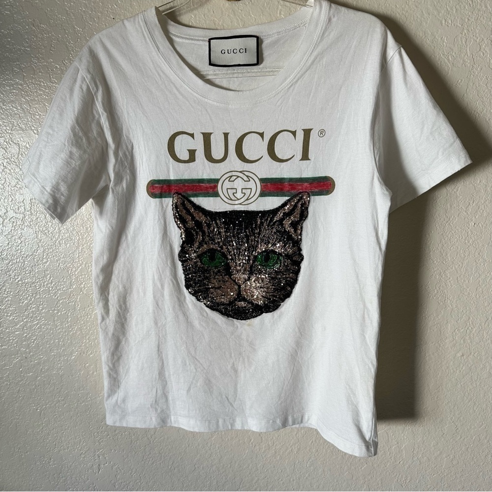 Authentic Gucci LOGO T-SHIRT WITH MYSTIC CAT IN WHITE size XS - Picture 4 of 10
